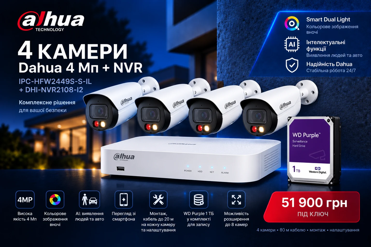 Комплект 4 камери Dahua 4 Мп + NVR